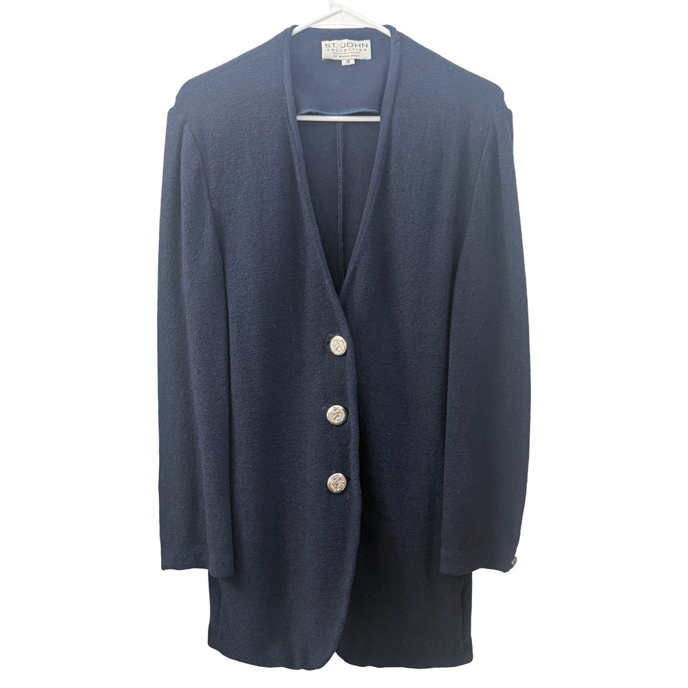 St John Collection Marie Gray Navy Knit Longline Jacket Gold Crest Buttons 10